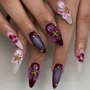 24Pcs Short Round Head Almond Fake Nails with Flowers Grass Pattern Wearable False Nails Tips Summer Full Cover Press on Nails