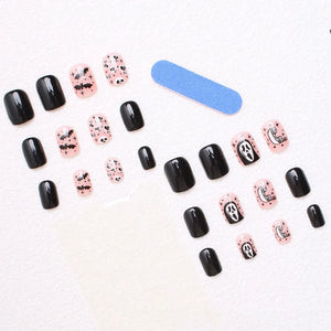 24PCS Halloween Press On Nails Red French Tip Black Spider Web Pattern Holiday Party Cosplay Style Short Square False Nails