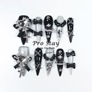 10pcs Dark Black Y2k Hot Girl Handmade Press On Nails Sweet Cool With Diamond Metal Decoration Wearable Artificial False Nail