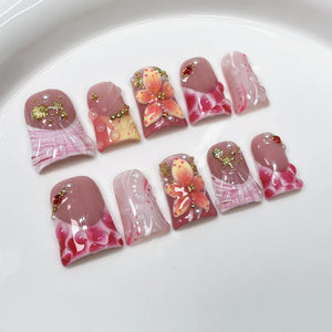 10pcs Duck Bill Shape Press on Nails Ocean Style Nail Art 3D Carving Shell Relief Fake Nails French Handmade Flower False Nails