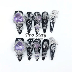 10pcs Dark Black Y2k Hot Girl Handmade Press On Nails Sweet Cool With Diamond Metal Decoration Wearable Artificial False Nail