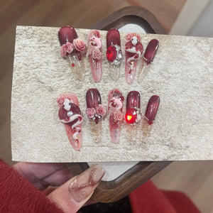 10Pcs Handmade Press On Nails with Eye Little Monster Design Wearable Manicure False Nails Decoration Full Cover Nail Tips Art