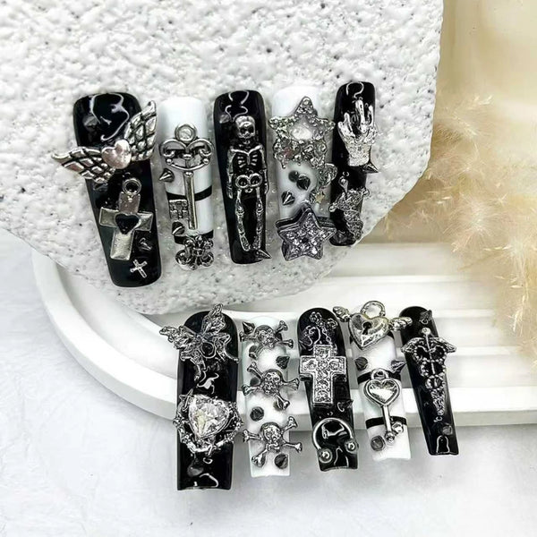10PCS Extra Long Tube Square Y2K Gyaru Black White Stripes Handmade Press On Nails Stars Cross Fake Nails Planet Gothic Nail Art