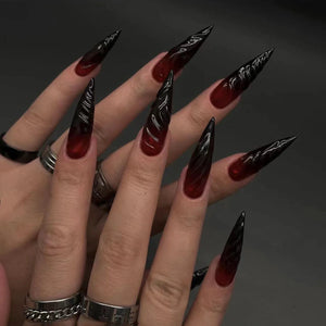 24pcs Long Stiletto False Nails Halloween Gradient Red Full Cover Nail Tip Lines Design Fake Nail Wearable Almond Press on Nails