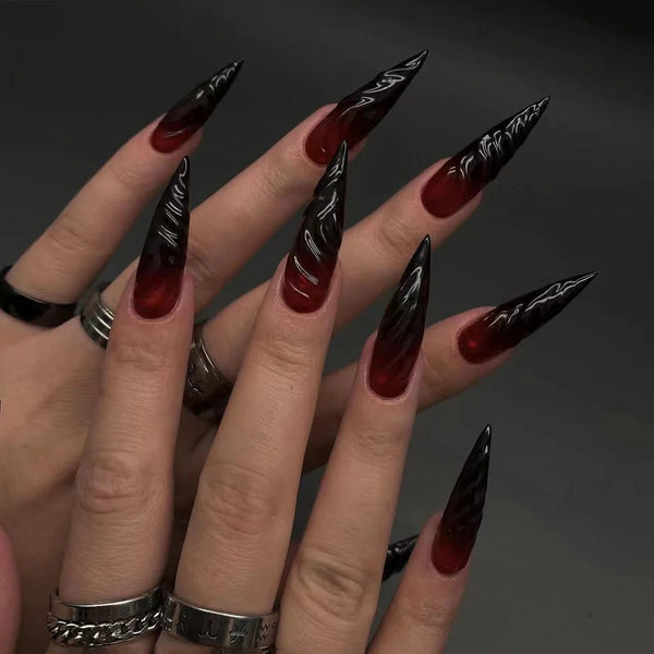 24pcs Long Stiletto False Nails Halloween Gradient Red Full Cover Nail Tip Lines Design Fake Nail Wearable Almond Press on Nails