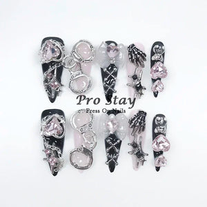 10pcs Dark Black Y2k Hot Girl Handmade Press On Nails Sweet Cool With Diamond Metal Decoration Wearable Artificial False Nail