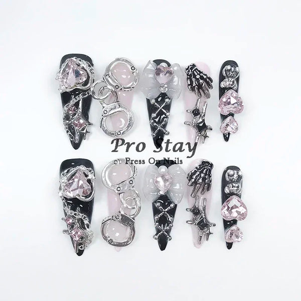 10pcs Dark Black Y2k Hot Girl Handmade Press On Nails Sweet Cool With Diamond Metal Decoration Wearable Artificial False Nail