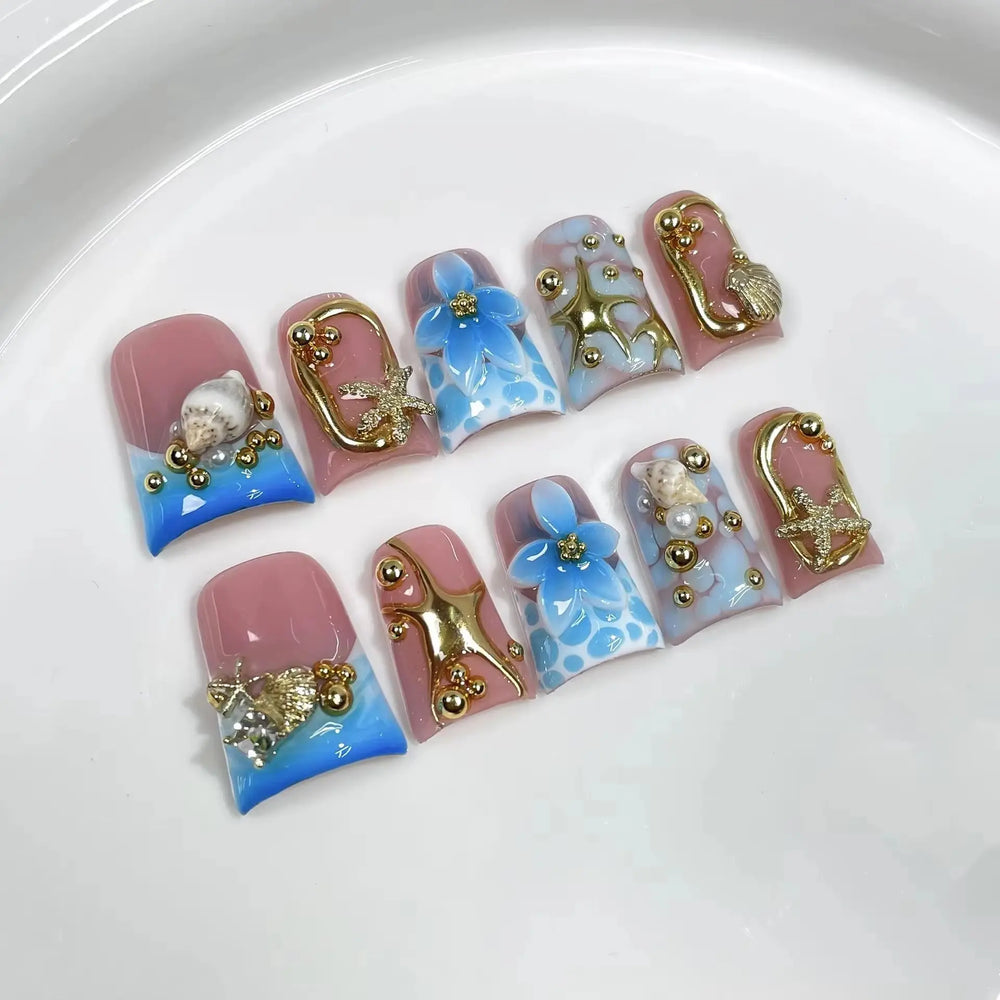 10pcs Duck Bill Shape Press on Nails Ocean Style Nail Art 3D Carving Shell Relief Fake Nails French Handmade Flower False Nails