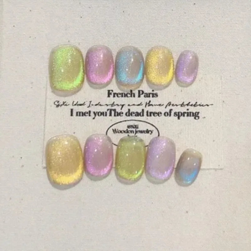 10Pcs Handmade Press on Nails Blue Fake Nails with Fish Pattern Wearable Stick-on Nails Full Cover False Nai