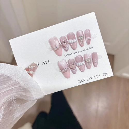 10Pcs Pink Almond Mid-length Press on Fake Nails French Hand Draw Roses Cat's Eye Nail Set Wearable Sweet Acrylic Nails Tips Art
