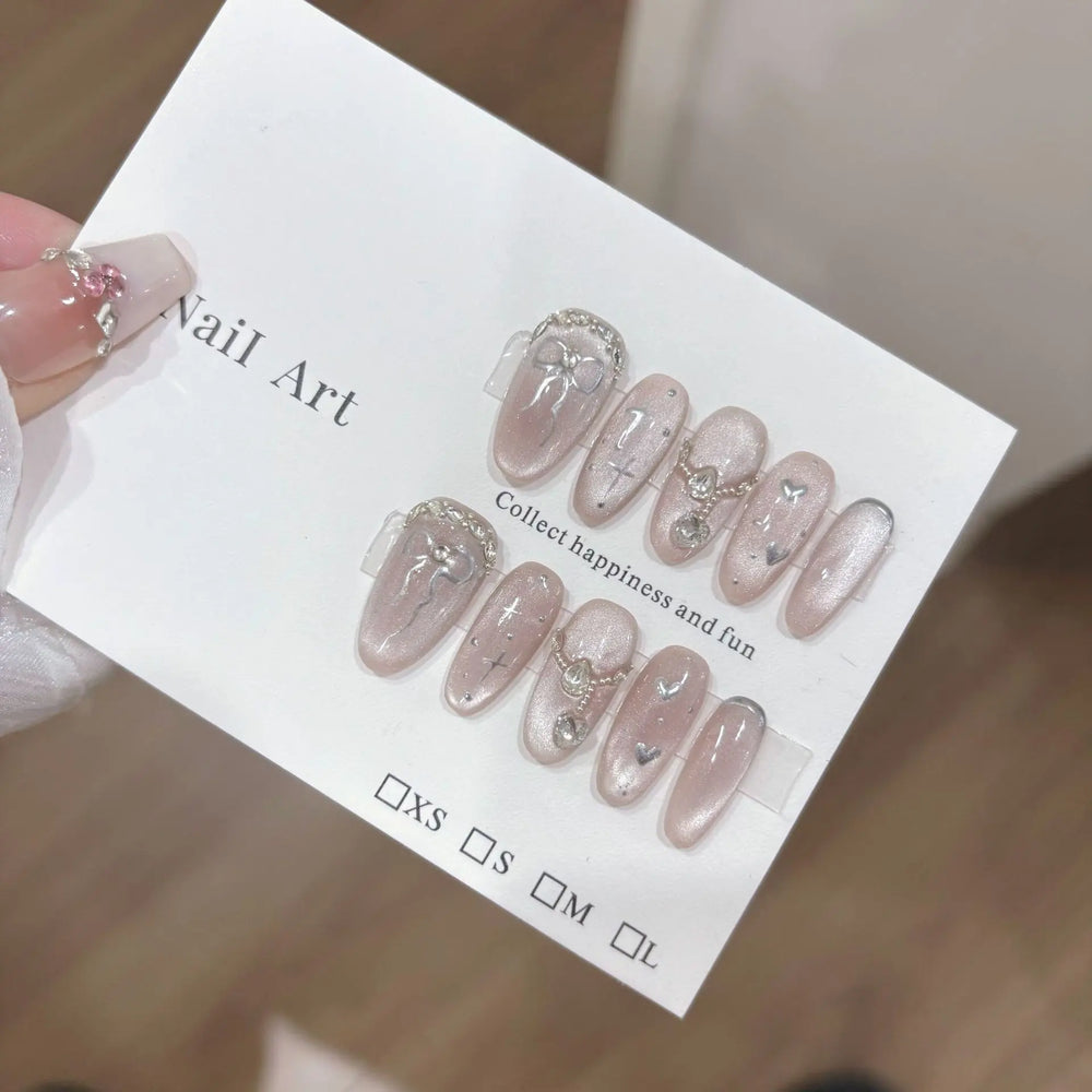 10Pcs Pink Blush Press on False Nails with Mermaid Shell Cat Eye Sparkling Dreamy Nail Patch Wearing Finished Acrylic Fake Nail
