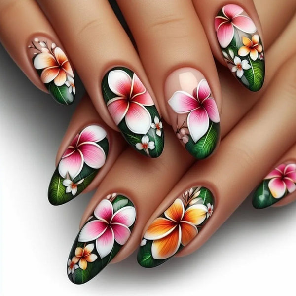24Pcs Short Round Head Almond Fake Nails with Flowers Grass Pattern Wearable False Nails Tips Summer Full Cover Press on Nails