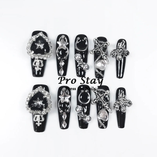 10pcs Dark Black Y2k Hot Girl Handmade Press On Nails Sweet Cool With Diamond Metal Decoration Wearable Artificial False Nail
