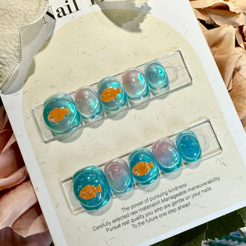 10Pcs Handmade Press on Nails Blue Fake Nails with Fish Pattern Wearable Stick-on Nails Full Cover False Nai