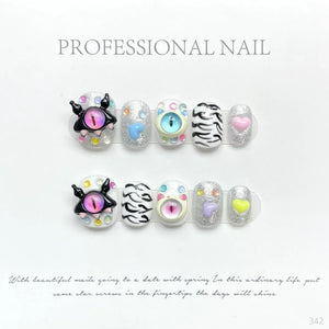 10Pcs Handmade Press On Nails with Eye Little Monster Design Wearable Manicure False Nails Decoration Full Cover Nail Tips Art