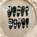 10 Pieces of Hand Pressed Almond Shaped Nails, Beautiful Fake Nails, Sweet and Cool Black Background White Bow, Suitable for Wom