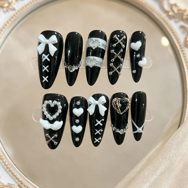 10 Pieces of Hand Pressed Almond Shaped Nails, Beautiful Fake Nails, Sweet and Cool Black Background White Bow, Suitable for Wom