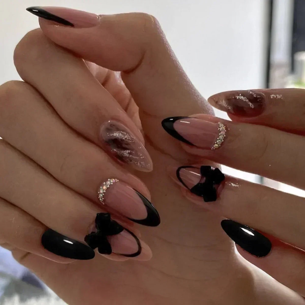 24pcs French Almond Press on Nails Leopard Print False Nails 3D Bow Wearable Stick-on Nails Fake Nail