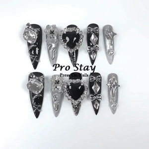 10pcs Dark Black Y2k Hot Girl Handmade Press On Nails Sweet Cool With Diamond Metal Decoration Wearable Artificial False Nail