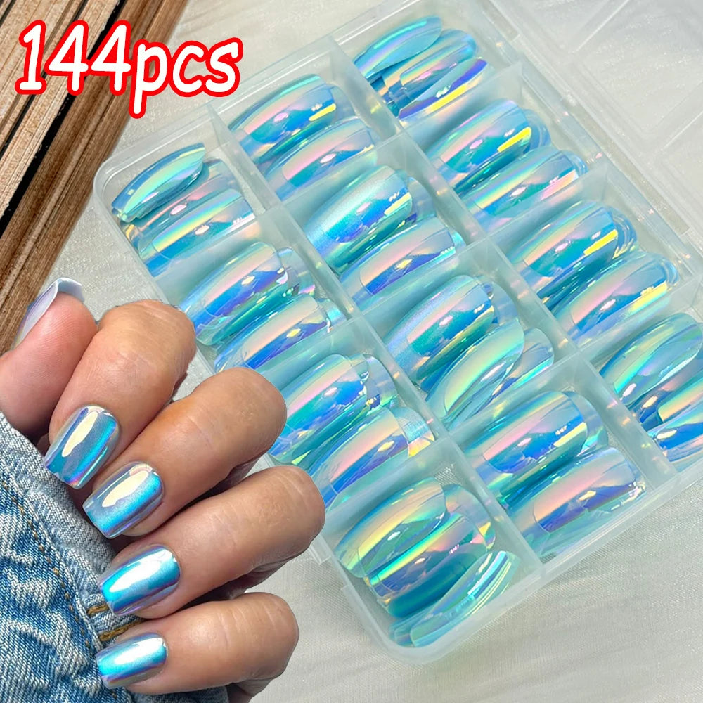 144pcs Blue Chrome Gradation Press on Nails Chameleon Medium Long Square Fake Nails Reflective Mirror Ombre False Nail for Women