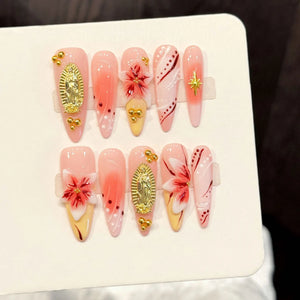 10Pcs Long Stiletto Colorful Flowers Rhinestone Summer Fresh Fake Nails for Spice Girl Sweet Cool  Summer Wearable Acrylic Nails