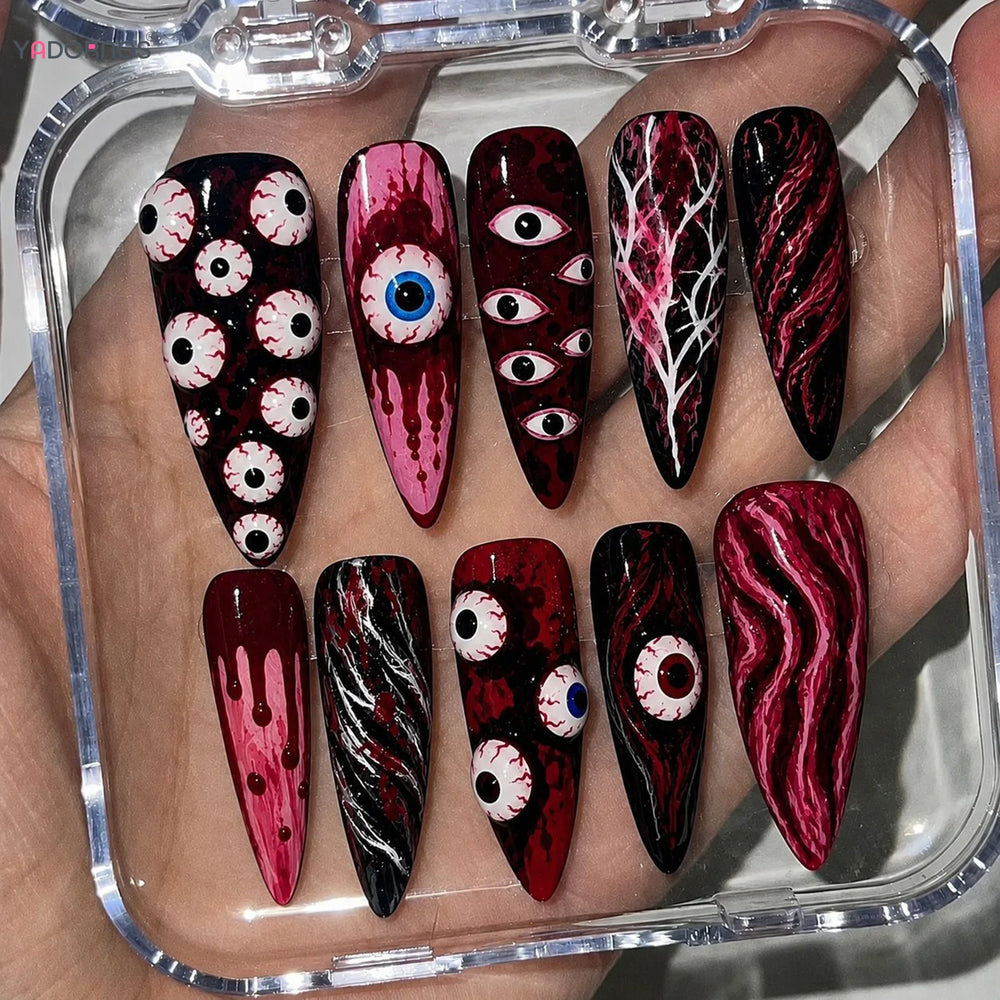 24pcs Blood Color Long Pointed Fake Nails Horror Hundred Eyeballs Decor Press On Nails Halloween Gothic Style Party False Nail