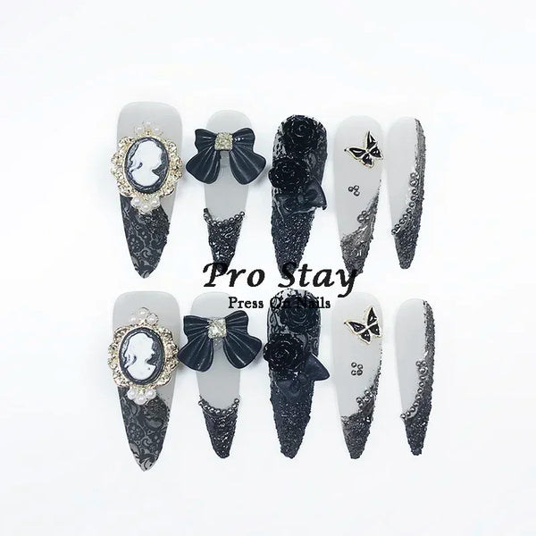 10pcs Dark Black Y2k Hot Girl Handmade Press On Nails Sweet Cool With Diamond Metal Decoration Wearable Artificial False Nail