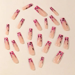 24pcs Pink Leopard Print Fake Nails French Press on Nails Y2K Sweet Cool Long Square False Nails Stars Pearl Rhinestone Nail Art