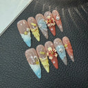 10Pcs Long Stiletto Colorful Flowers Rhinestone Summer Fresh Fake Nails for Spice Girl Sweet Cool  Summer Wearable Acrylic Nails