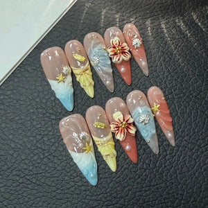 10Pcs Long Stiletto Colorful Flowers Rhinestone Summer Fresh Fake Nails for Spice Girl Sweet Cool  Summer Wearable Acrylic Nails