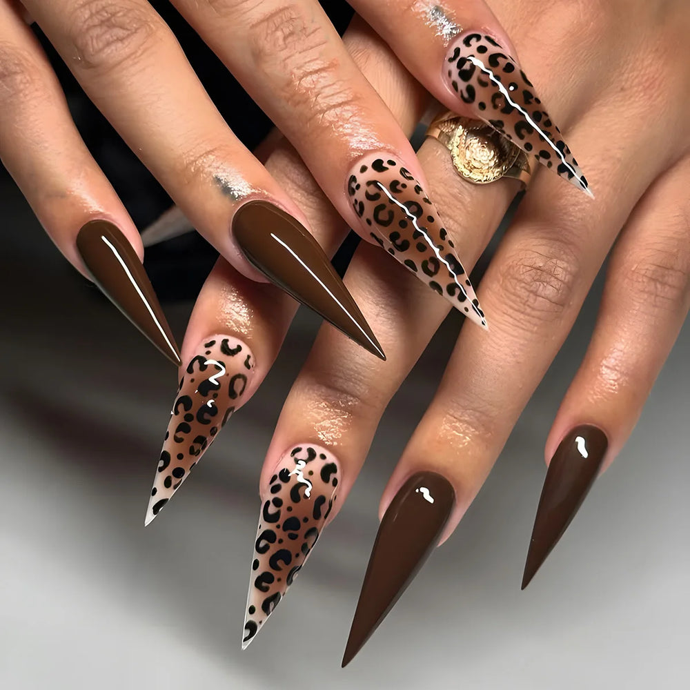 24Pcs Brown Leopard Print Pattern False Nails Press on Long Stiletto Acrylic Manicure Detachable Spice Cool Nails Set for Women