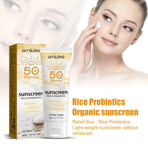 Probiotic Organic Rice Sunscreen Prevent Tanning Reduce Risk Sunburn Waterproof Broad Spectrum Protection UV Resistant Lotion