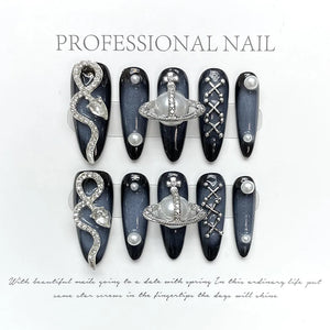 10pcs Dark Black Y2k Hot Girl Handmade Press On Nails Sweet Cool With Diamond Metal Decoration Wearable Artificial False Nail