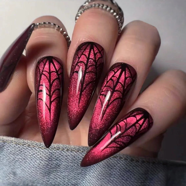 24Pcs Long Almond Nails Set Press on Red Cat's Eye Spider Web Design Fake Nails Halloween Detachable Full Cover False Nails Tips