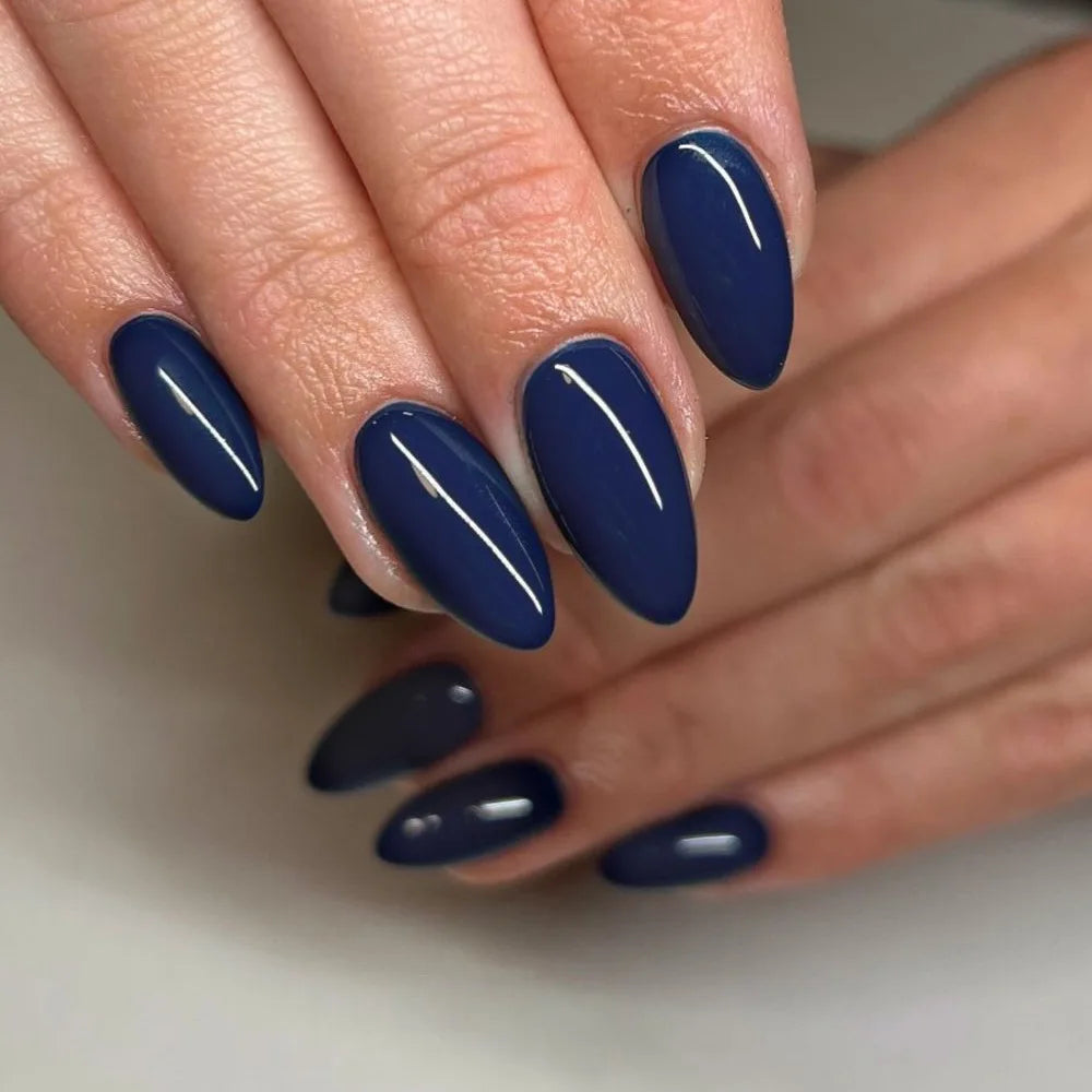 24pcs False Nails Glossy Blue Almond Fake Nail Tips Wearable Detachable Fashion Pure Color INS Simple Press on Nails