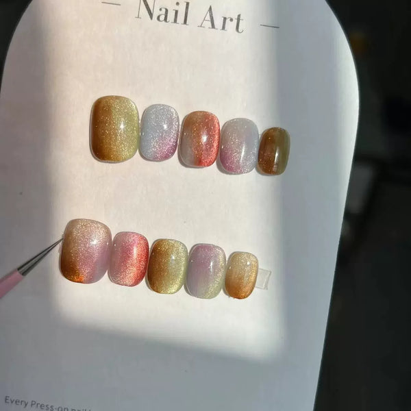 10Pcs Handmade Press on Nails Blue Fake Nails with Fish Pattern Wearable Stick-on Nails Full Cover False Nai