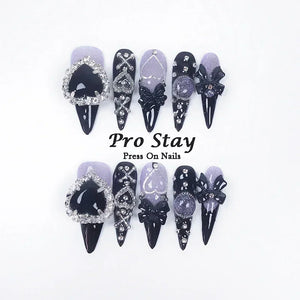 10pcs Dark Black Y2k Hot Girl Handmade Press On Nails Sweet Cool With Diamond Metal Decoration Wearable Artificial False Nail