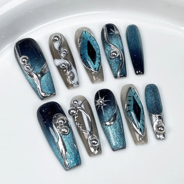 10Pcs Handmade Press On Nails with Eye Little Monster Design Wearable Manicure False Nails Decoration Full Cover Nail Tips Art