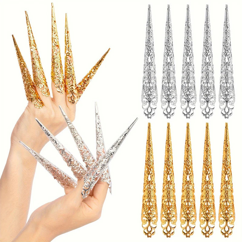 10pcs Ancient Costume Fake Nails Queen Nail Ring Costume Antique Style for Drama Dance Show Halloween Cosplay Nails Accessories