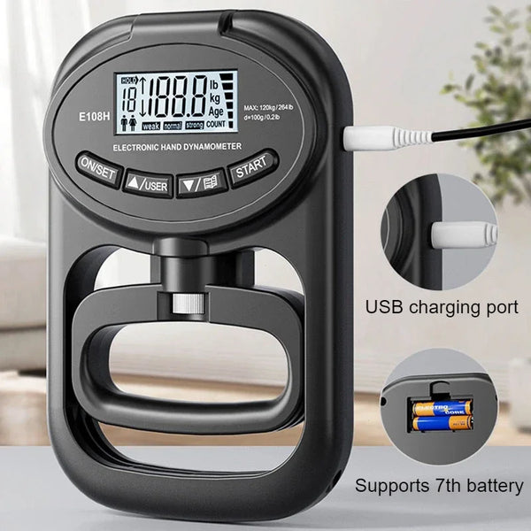 Digital Hand Dynamometer Grip Strength Tester 265Lbs/120Kg with USB LCD Screen for Power Training And Sport