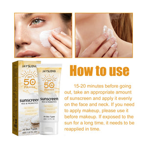 Probiotic Organic Rice Sunscreen Prevent Tanning Reduce Risk Sunburn Waterproof Broad Spectrum Protection UV Resistant Lotion