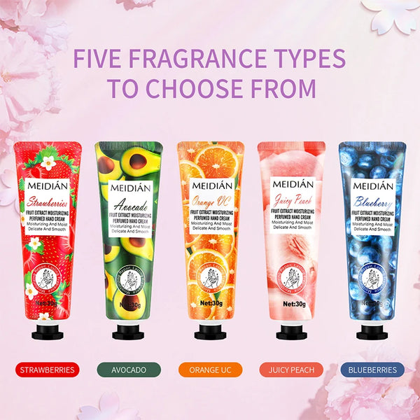Meidian Fruit Fragrance Hand Cream Packaged Set of 5 Moisturizing and Hydrating Hand Cream Set for Autumn and Winter to Prevent Dryness and Cracking, Hand Care Cream for Skin Softening and Nourishment, Hand Moisturizing Cream