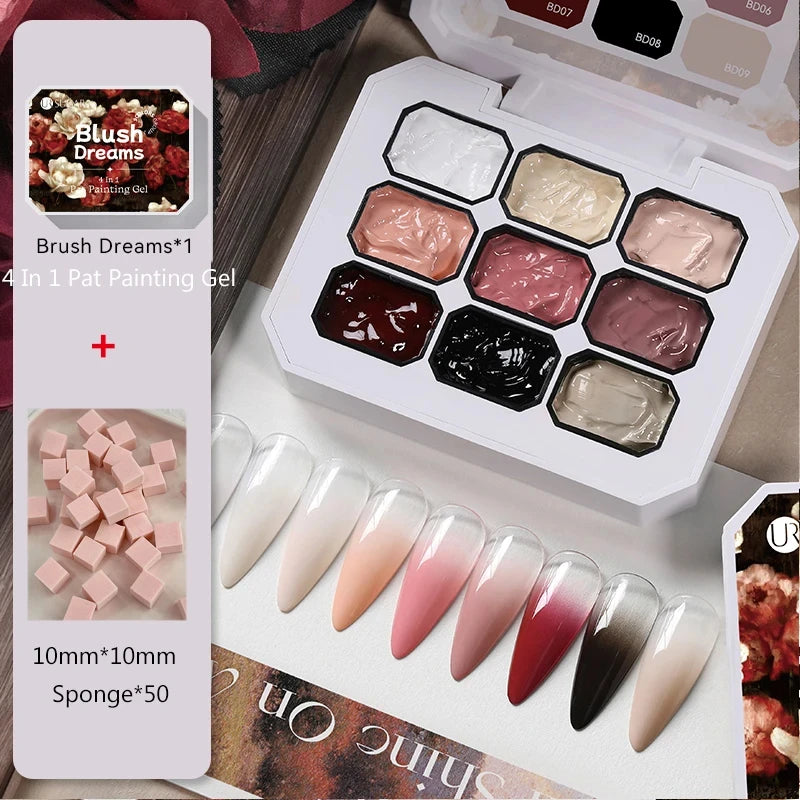 UR SUGAR 9 Colors Gradient Painting Gel Palette with 50pcs Mini Sponge Set French Ombre Gel Nail Polish for Pigmented Manicure