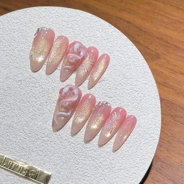 10Pcs Almond Mid-length Oval Fake Nails Blush Purple Grid Pattern Fashion Nail with Shiny Butterfly Cat Eye Design Manicure Tool