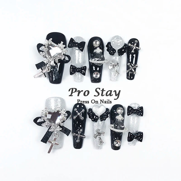 10pcs Dark Black Y2k Hot Girl Handmade Press On Nails Sweet Cool With Diamond Metal Decoration Wearable Artificial False Nail