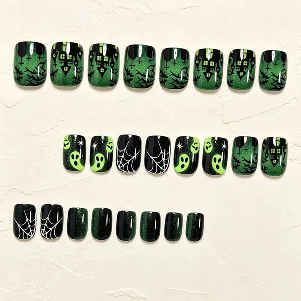 24Pcs Sweet Cool New Style Halloween Colorful Nail Art Press on Nails Dark Style Ghost Castle Spider Net Fake Nails Nail Art