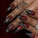 24pcs Long Stiletto False Nails Halloween Gradient Red Full Cover Nail Tip Lines Design Fake Nail Wearable Almond Press on Nails