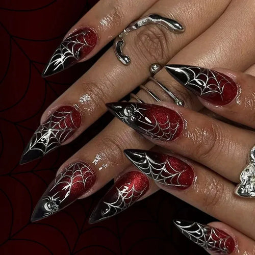 24pcs Long Stiletto False Nails Halloween Gradient Red Full Cover Nail Tip Lines Design Fake Nail Wearable Almond Press on Nails