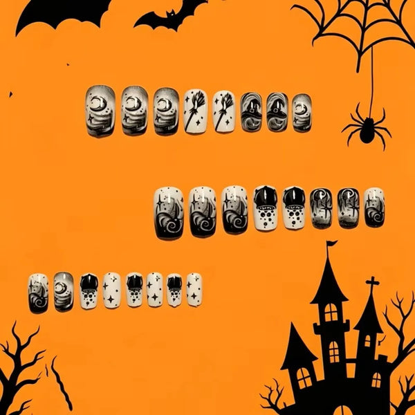 24PCS Halloween Press On Nails Red French Tip Black Spider Web Pattern Holiday Party Cosplay Style Short Square False Nails