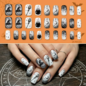 24PCS Halloween Press On Nails Red French Tip Black Spider Web Pattern Holiday Party Cosplay Style Short Square False Nails